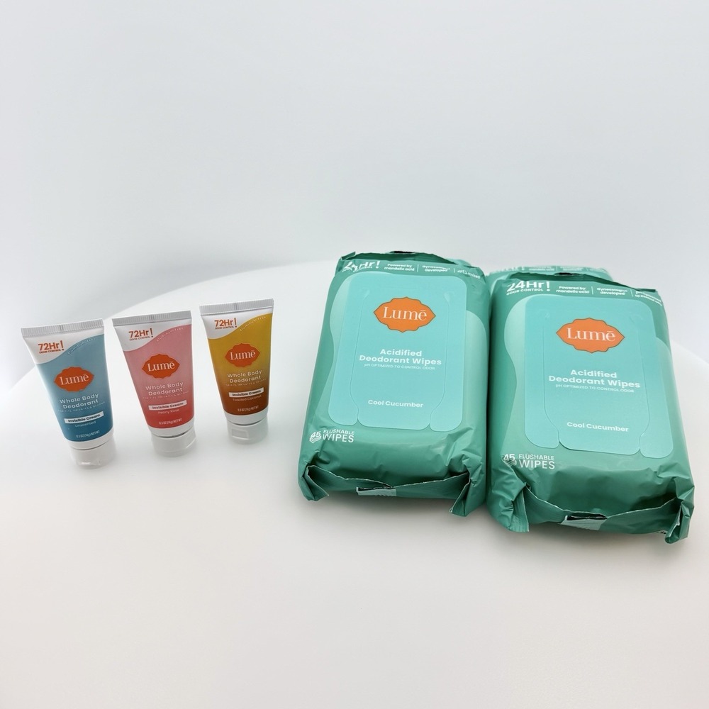 4 X LUME ACIDIFIED Deodorant Wipes And 3 Pack Invisible Cream Deodorant Travel